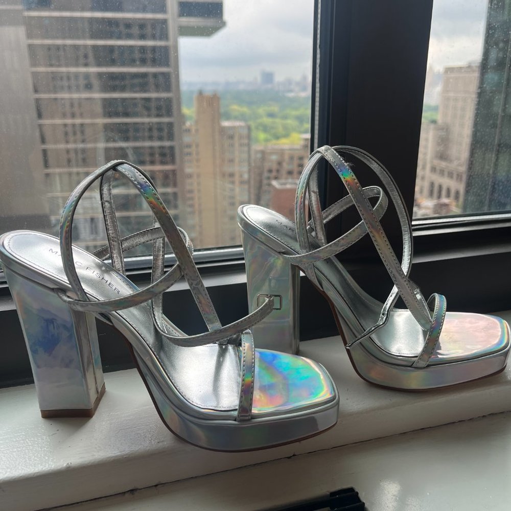 MARC FISHER Acres Platform Strappy Ankle Wrap Sandals - Silver Metallic - 7